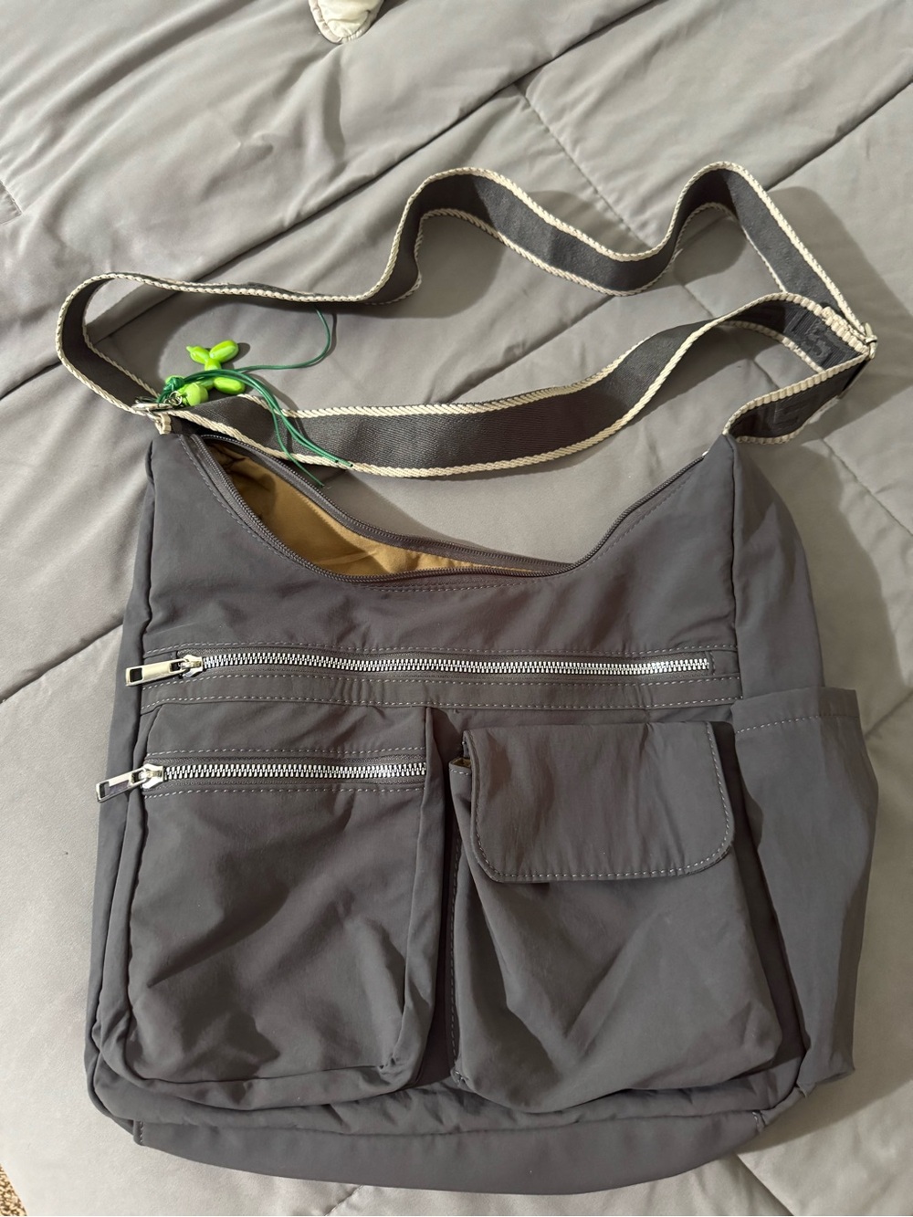 Stylish Dark Grey Crossbody Shoulder Bag with Green Charm - Picture 5 of 6